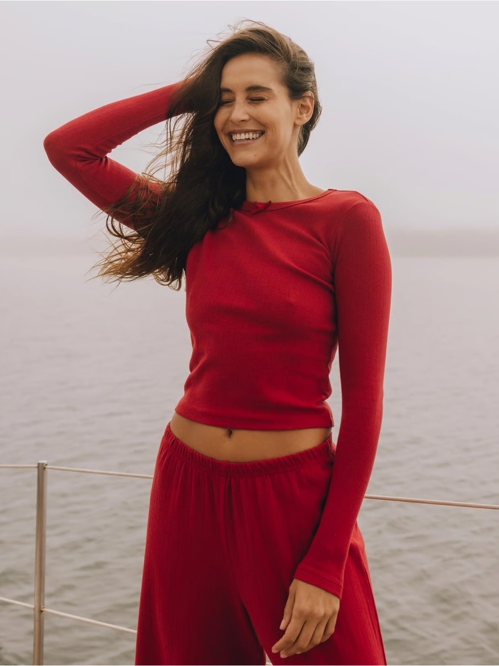 Daily Drills Deep Red Pointelle Ribbed Knit Top